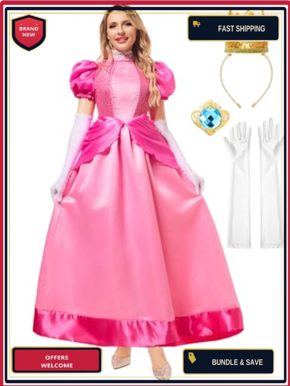 Princess Costume Adult Dress Crown Gloves Brooch Halloween Cosplay